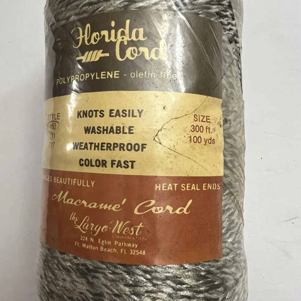 Vintage Florida Macrame Olefin Fiber Cord 4mm 100yds 300ft Herculon Gray Black